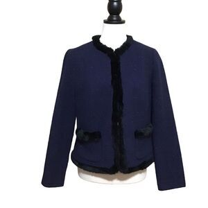 Talbots Navy Tweed‎ Wool Blend Faux Fur Blazer 6
